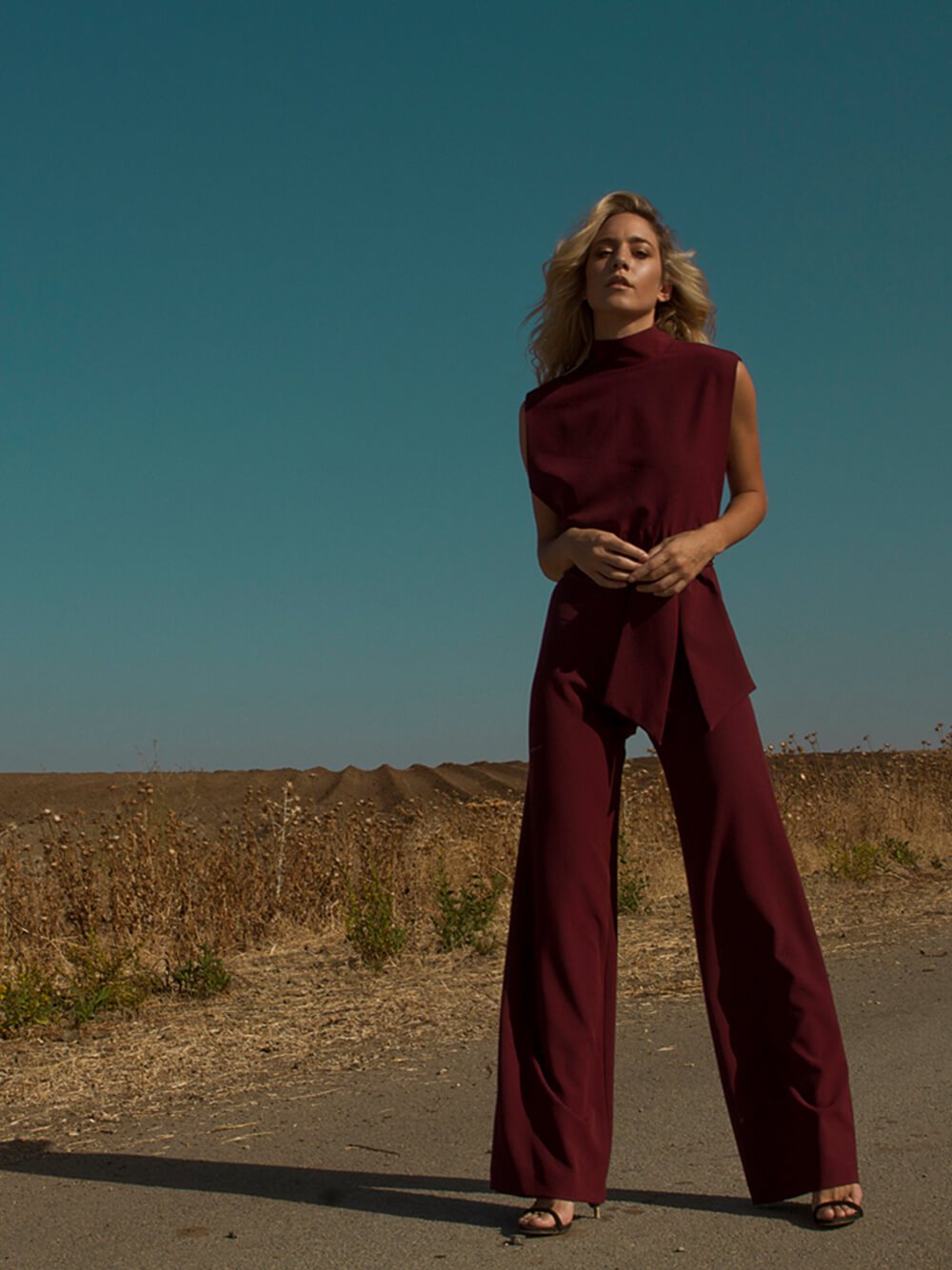 **Burgundy Jumpsuit with Belt**