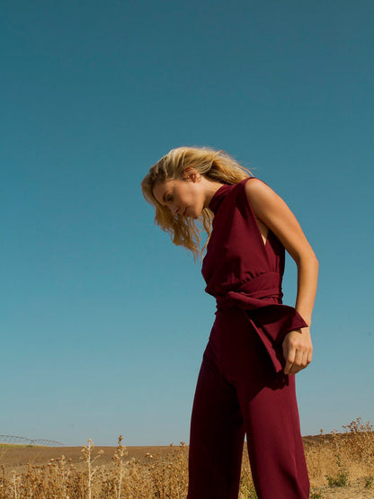 **Burgundy Jumpsuit with Belt**