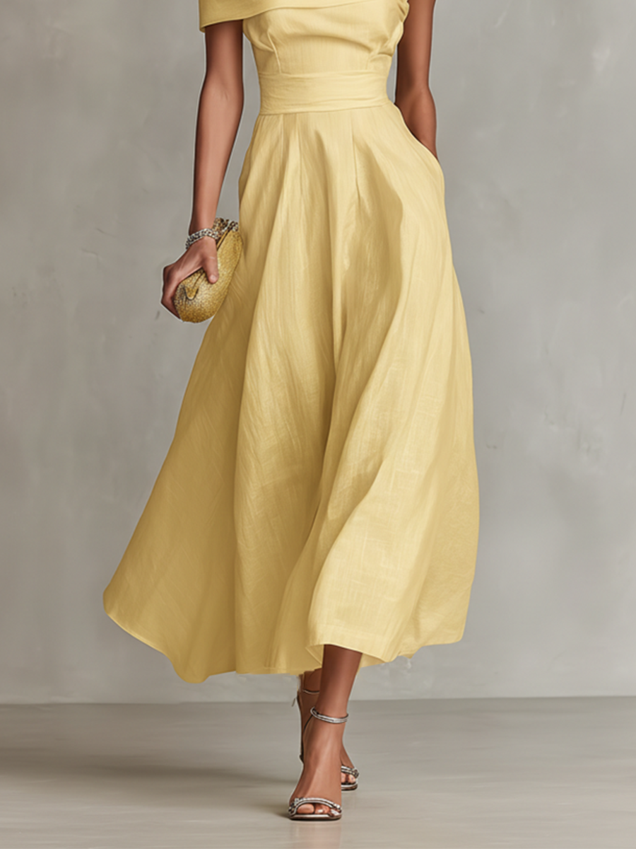 Linen One-Shoulder Fitted Waist Dress