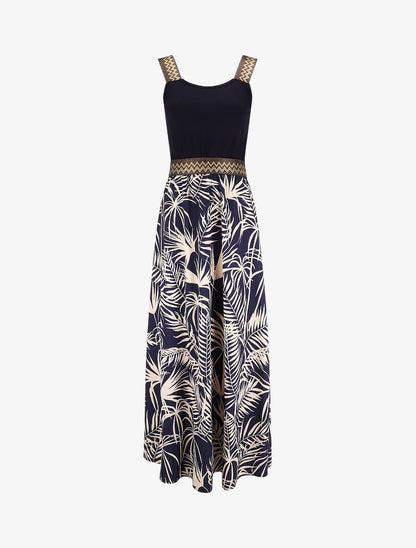 Lange jurk met bandjes en tropische planten-print - Marineblauw