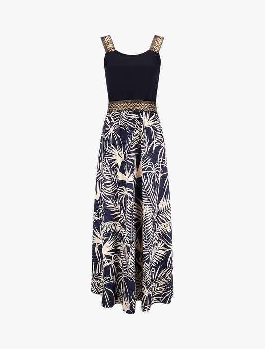 Lange jurk met bandjes en tropische planten-print - Marineblauw
