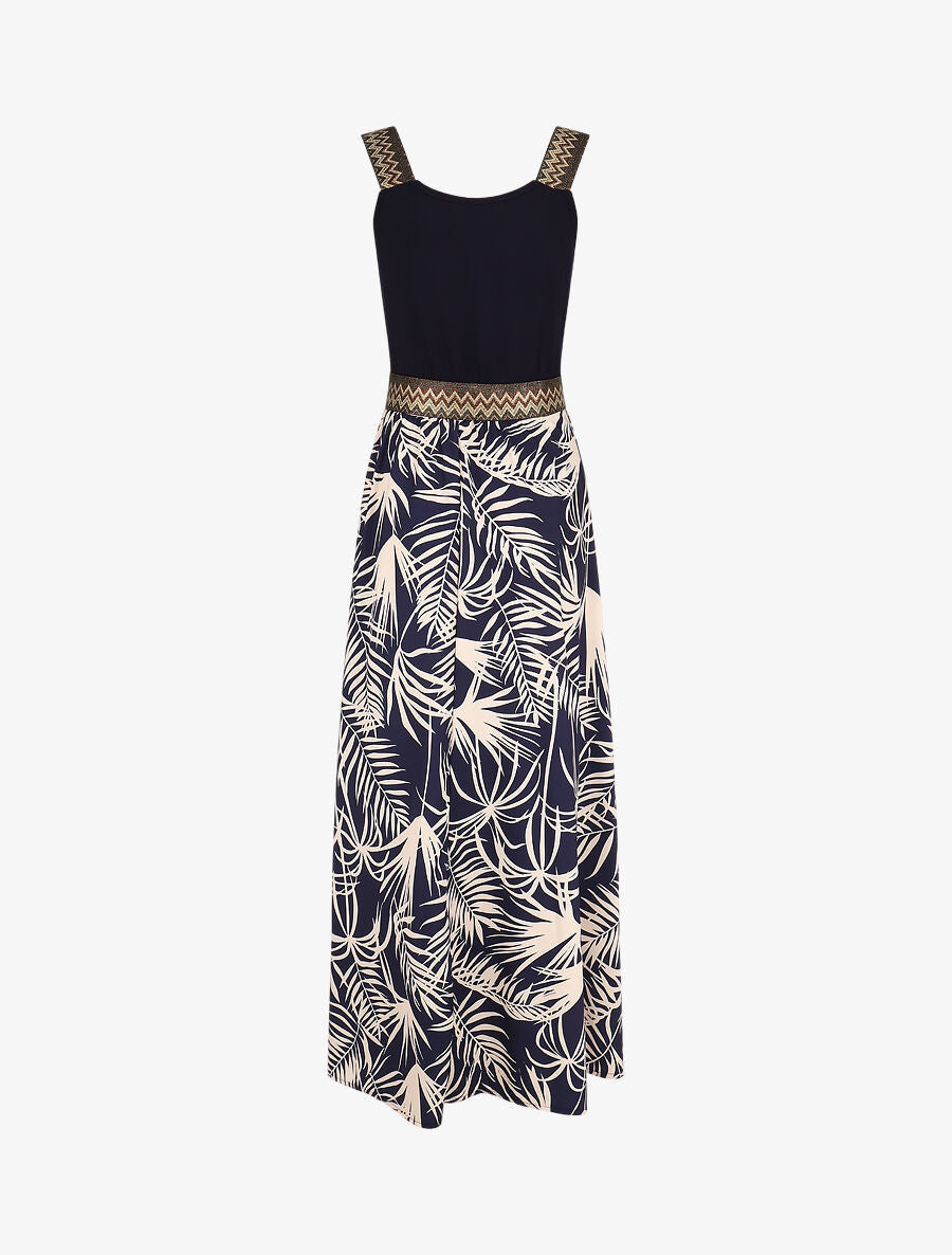 Lange jurk met bandjes en tropische planten-print - Marineblauw