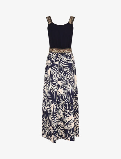 Lange jurk met bandjes en tropische planten-print - Marineblauw