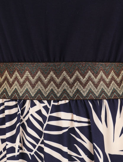 Lange jurk met bandjes en tropische planten-print - Marineblauw