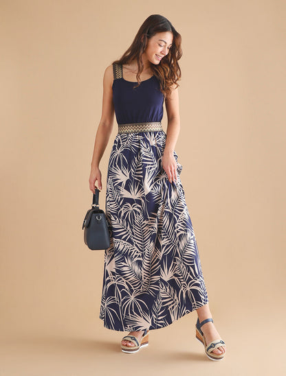 Lange jurk met bandjes en tropische planten-print - Marineblauw