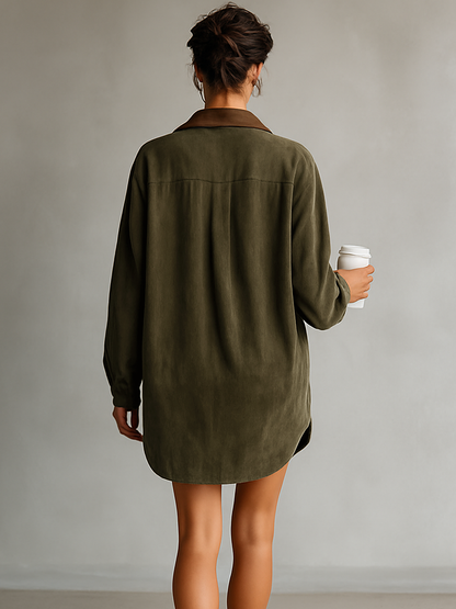 Loose Leather Lapel Spliced Suede Mini Dress