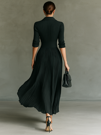 Solid Pleated Lapel Waist Long Sleeve Maxi Dress