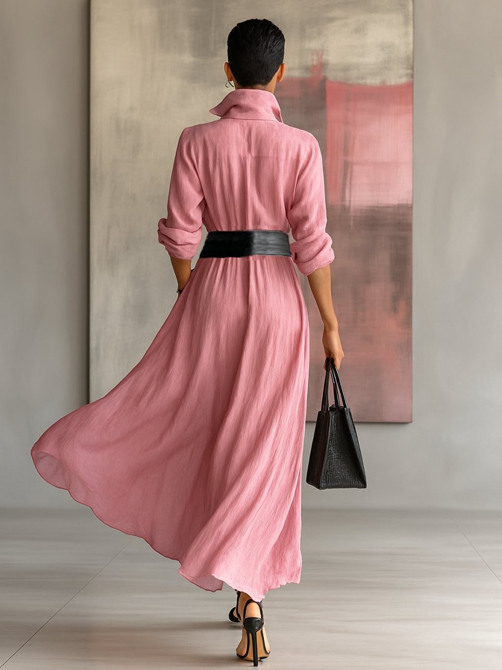 Lapel Long Sleeve Single-Breasted Belted Maxi Shirt Dress