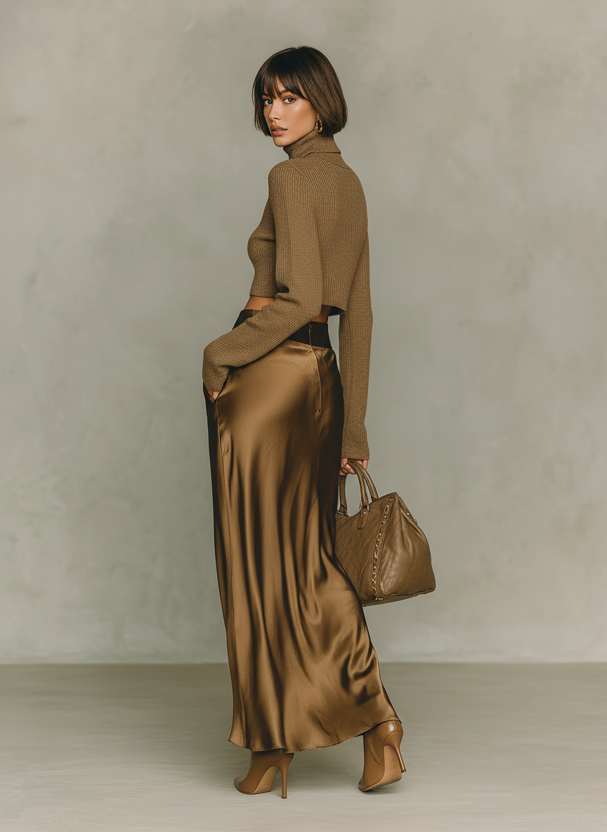 Gold-Brown Knit Turtleneck Top & Satin Midi Skirt Set