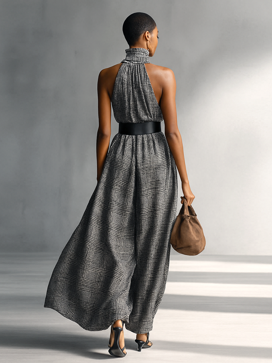 Plaid High Collar Sleeveless Belted Maxi Dress