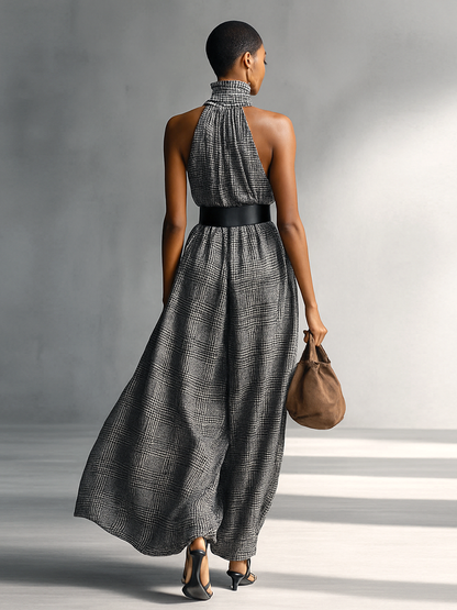 Plaid High Collar Sleeveless Belted Maxi Dress