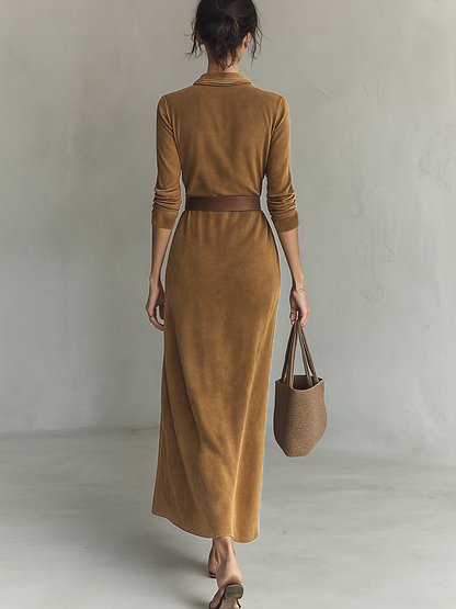 Suede Belted Lapel Maxi Dress