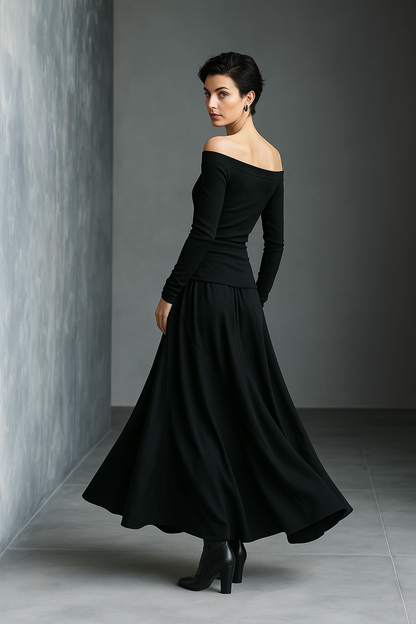 Black Knit Off-Shoulder Top & Woven Skirt Set