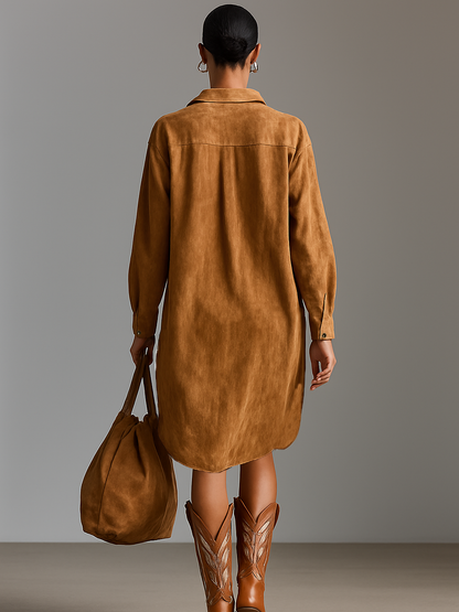 Suede Lapel V-Neck Embroidered Midi Dress