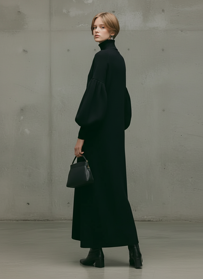 Turtleneck Puff-Sleeve Sweatshirt Maxi Dress