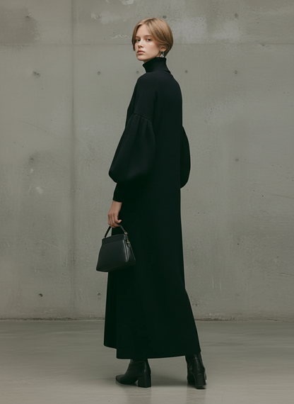 Turtleneck Puff-Sleeve Sweatshirt Maxi Dress