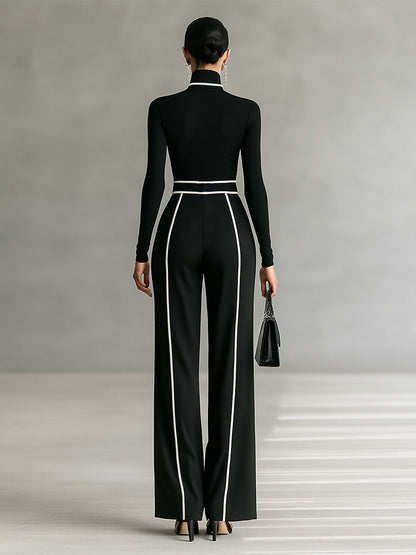 White Trim Turtleneck Long Sleeve Top & Wide-Leg Pants Set