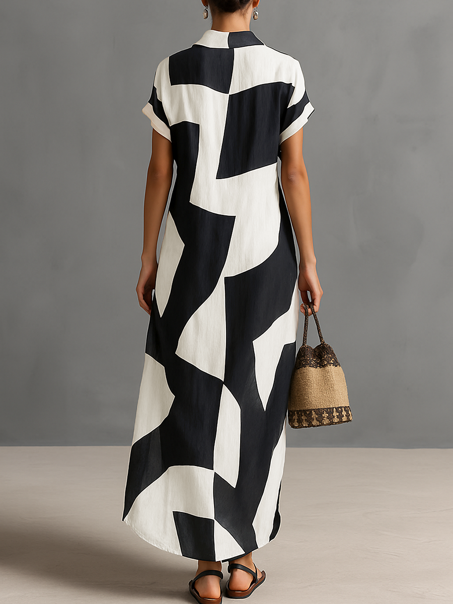Cotton-Linen Geometric Print Lapel Single-Breasted Maxi Shirt Dress