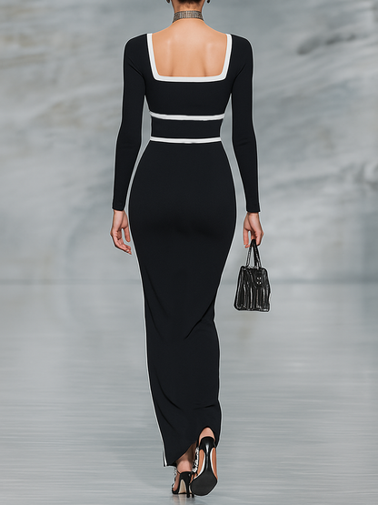 Black & White Trim Square Neck Long Sleeve Fitted Maxi Dress