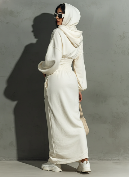 Waist Shirring Hooded Sweatshirt Maxi Dress