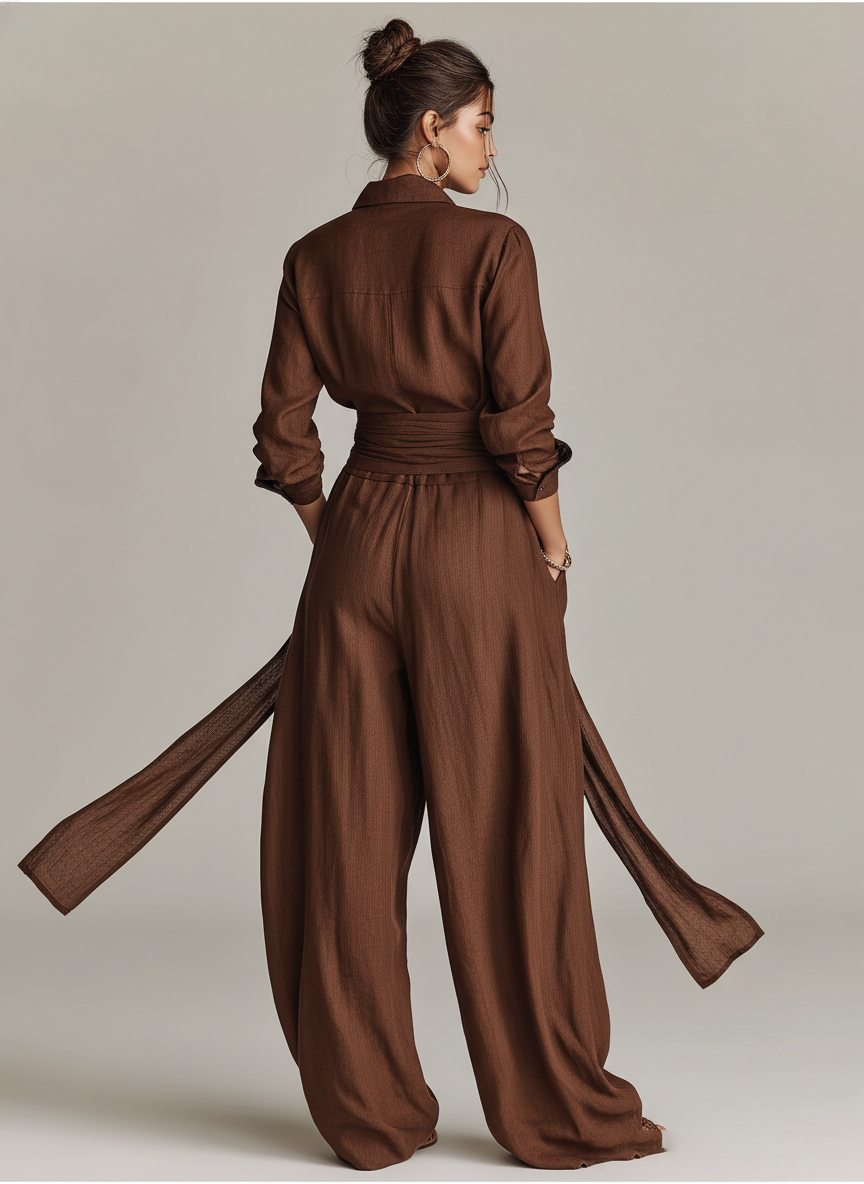 Brown Cotton-Linen Shirt Collar Belted Jumpsuit