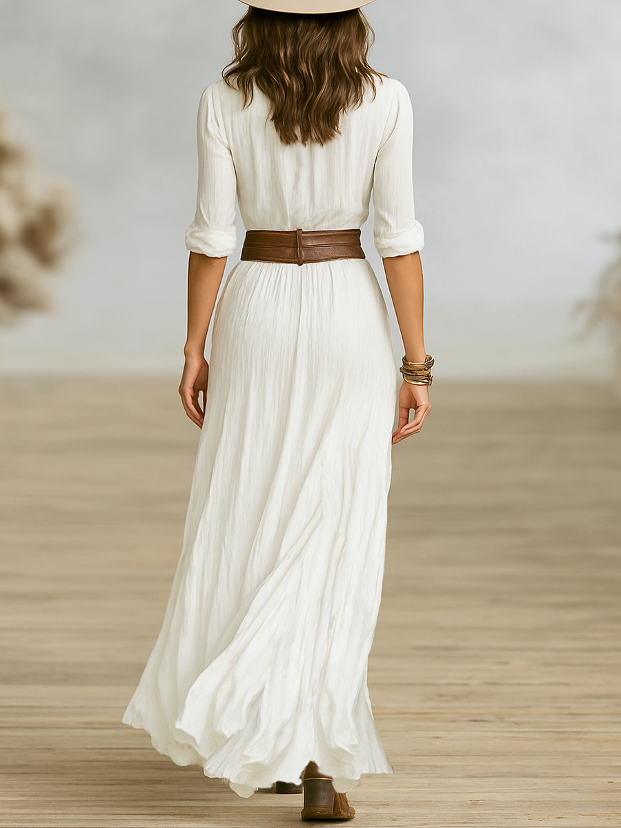 Cotton-Linen Pleated Lapel Single-Breasted Maxi Dress