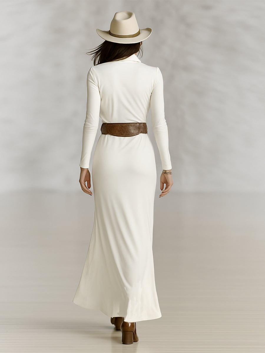 Lapel Long Sleeve Cinched Waist Maxi Dress