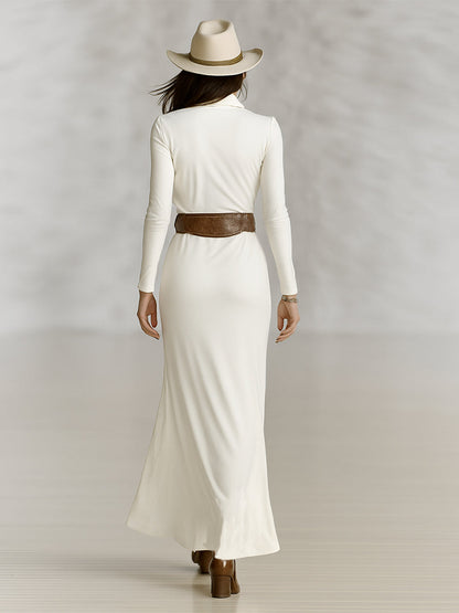 Lapel Long Sleeve Cinched Waist Maxi Dress