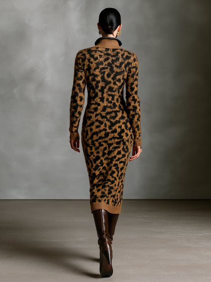 Women's Leopard Jacquard Knit Midi Dress