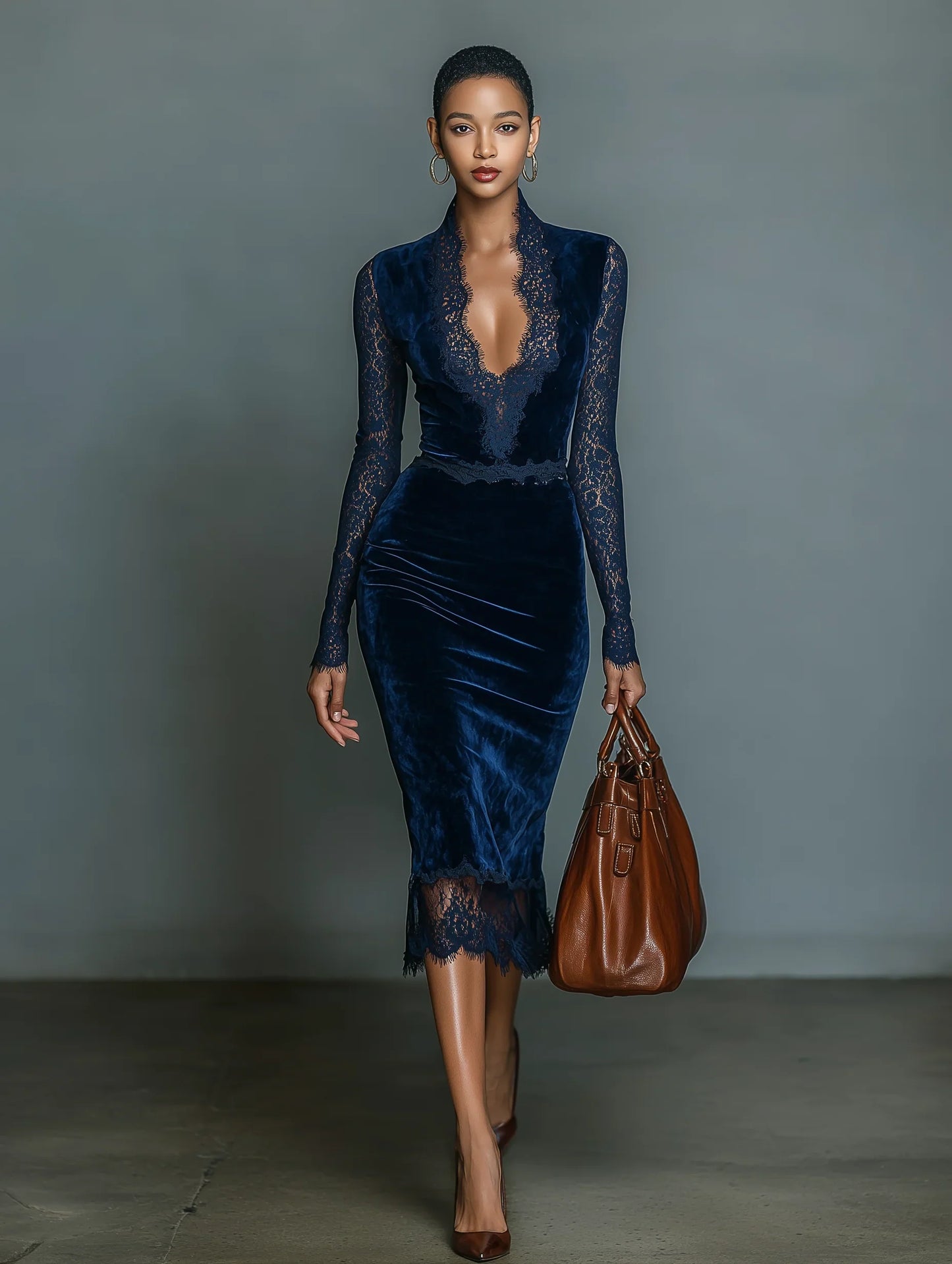 Dark Blue Velvet Slim-Fit V-Neck Lace Trim Midi Dress