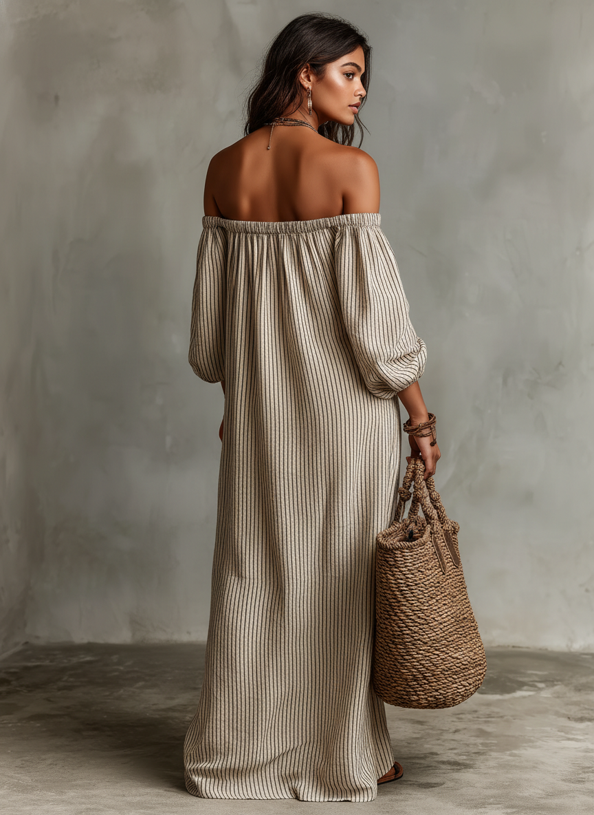 Cotton-Linen Off-Shoulder Long Sleeve Maxi Dress