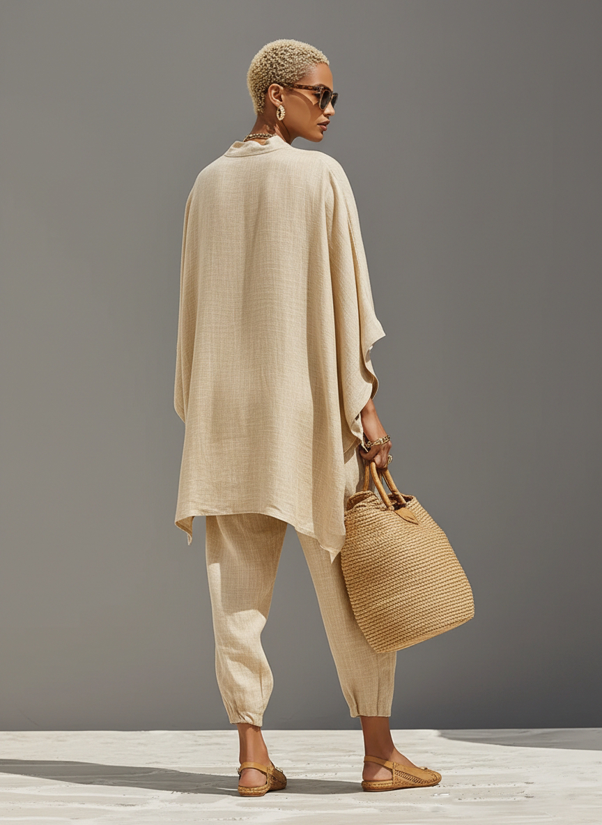 Neutral Linen Asymmetric Hem Co-ord Set