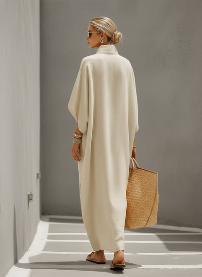 Oatmeal Linen Mandarin Collar Dolman Sleeve Dress