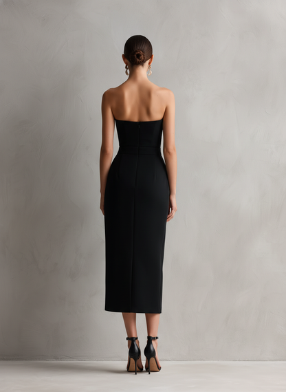 Black Stretch Strapless Bodycon Midi Dress