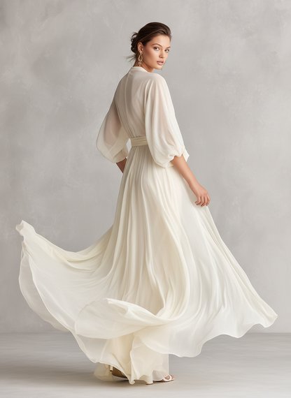 Ivory Sheer Chiffon Puff Sleeve Wrap Maxi Dress