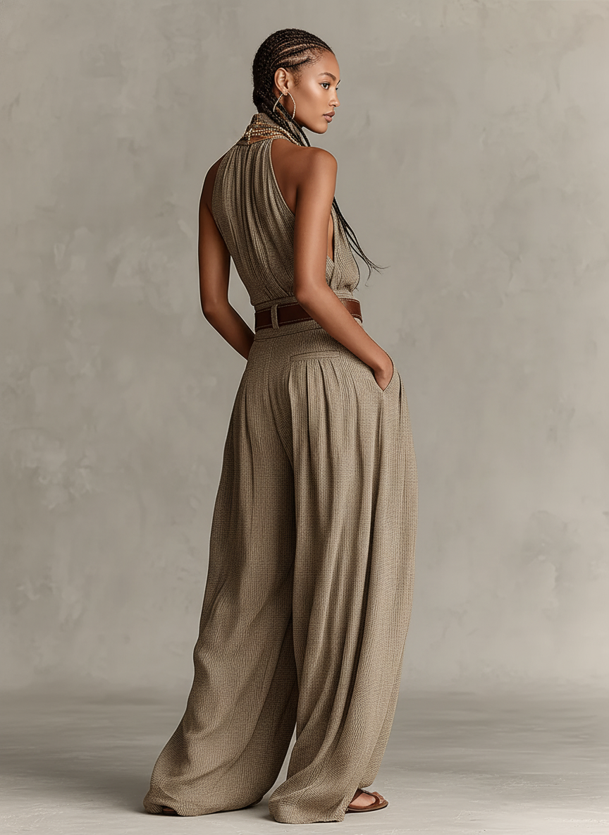 Taupe Cotton Halter Neck Wide-Leg Jumpsuit