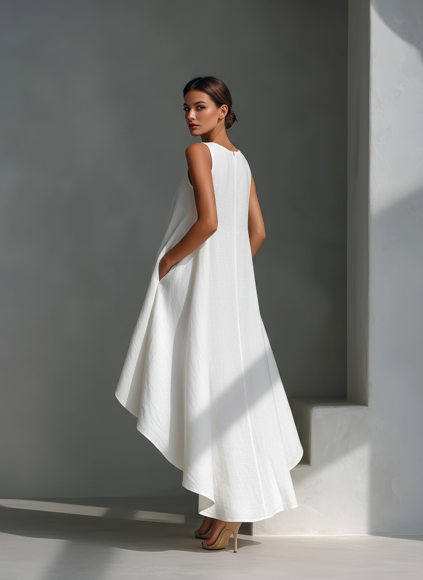 Linen Sleeveless Asymmetric Hem Midi Dress