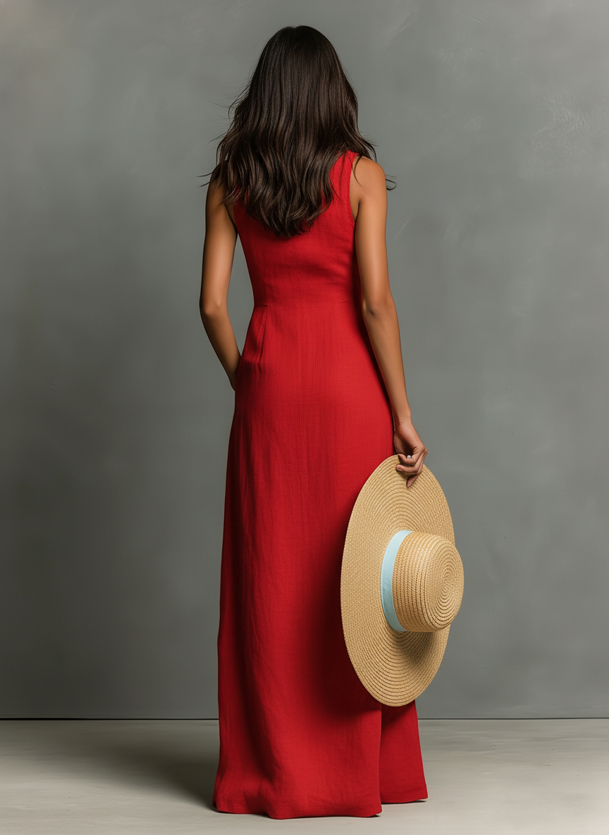 Linen Blend Collared Sleeveless Maxi Shirt Dress