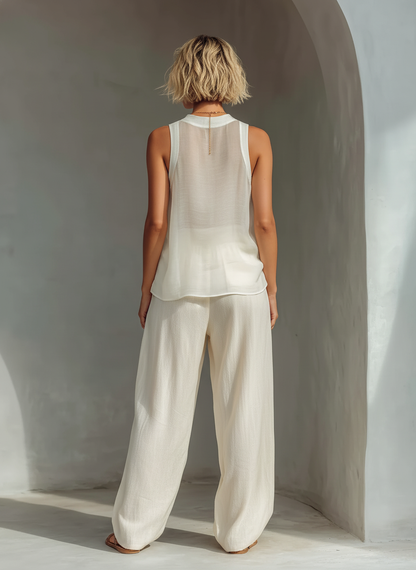 Cream Chiffon Sleeveless Top & Linen Drawstring Wide-Leg Trousers Set