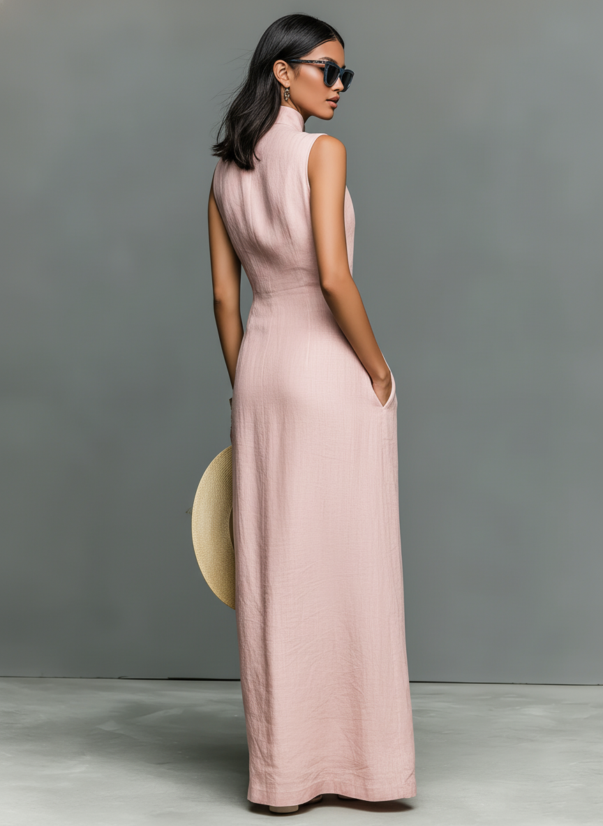 Women’s Minimalist Linen-Blend Stand-Collar Single-Breasted Sleeveless Maxi Dress