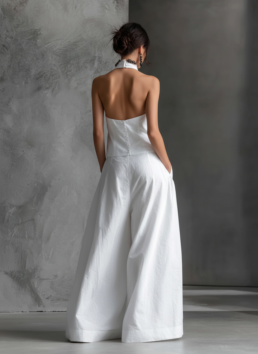 White Cotton-Linen Halter-Neck Top & Skirt Set