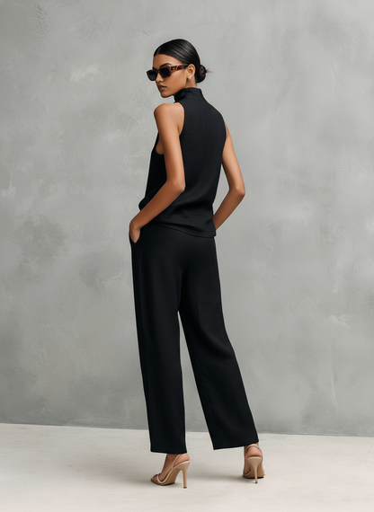 Black Cotton-Linen Round-Neck Sleeveless Top & Trousers Set