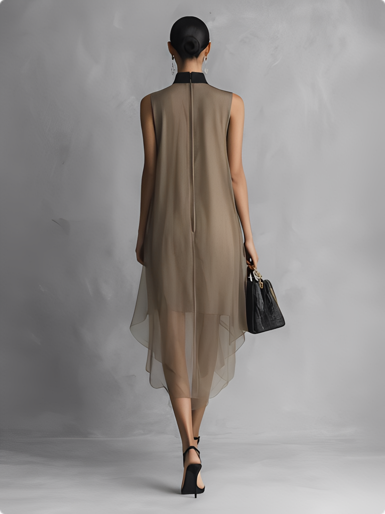 Khaki & Brown Colour Block Chiffon Sleeveless Dress