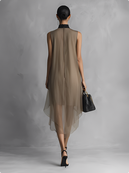 Khaki & Brown Colour Block Chiffon Sleeveless Dress