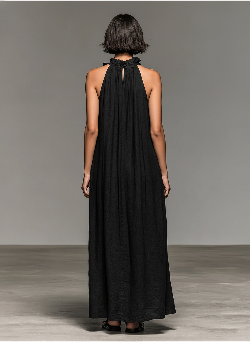 Linen Blend Sleeveless Ruffle Maxi Dress