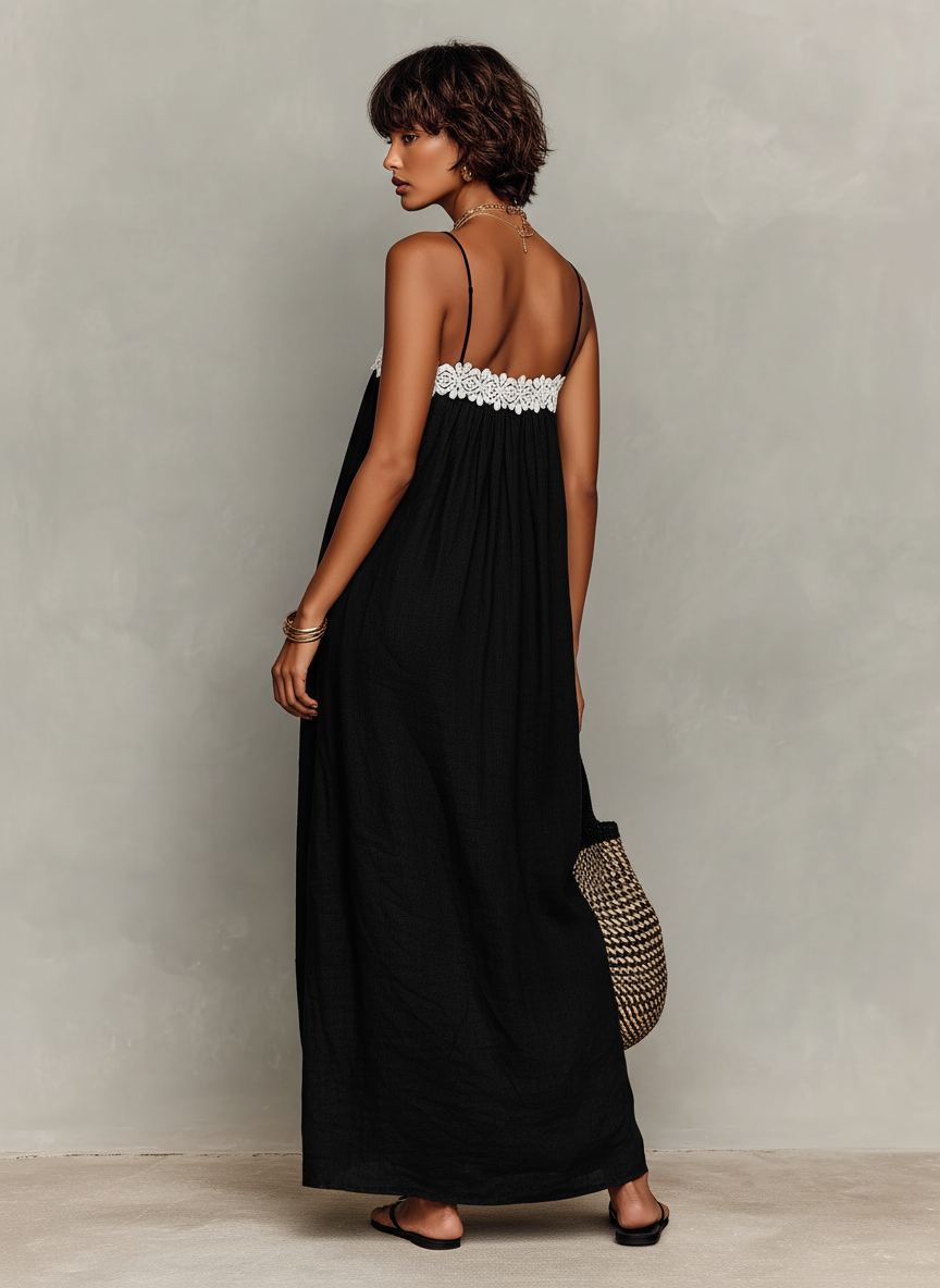 Linen Blend Lace Panel Spaghetti Strap Maxi Dress