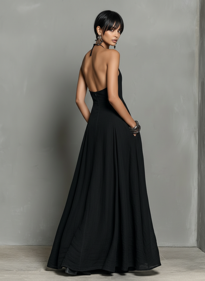 Linen Blend Halter Neck Sleeveless Maxi Dress