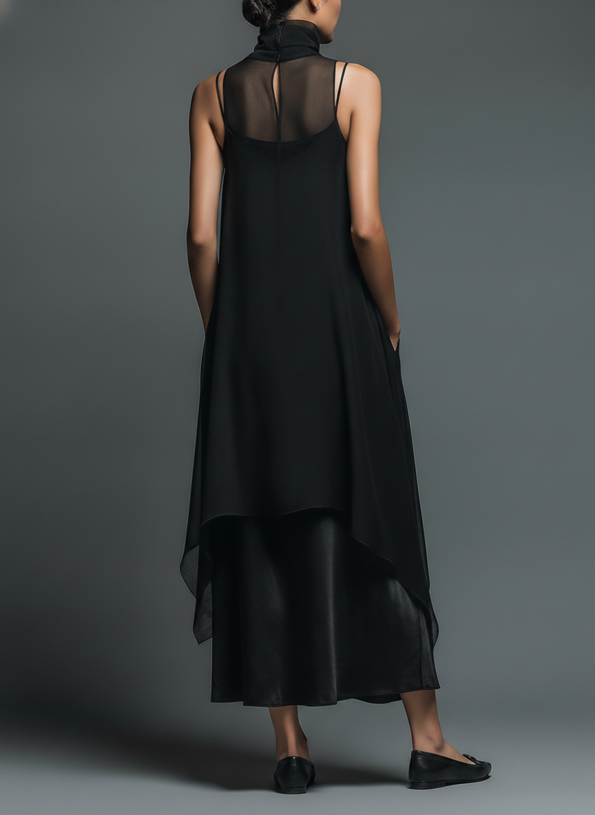 Acetate Slip Dress With Chiffon Overlay Maxi Dress