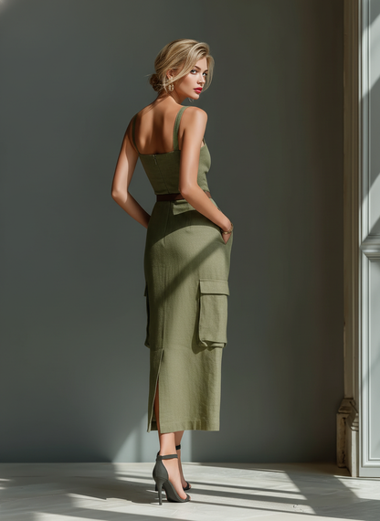 Olive Green Linen Sleeveless Cargo Pocket Belted Midi Dress