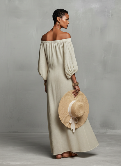 Off-Shoulder Three-Quarter Sleeve Embroidered Maxi Dress